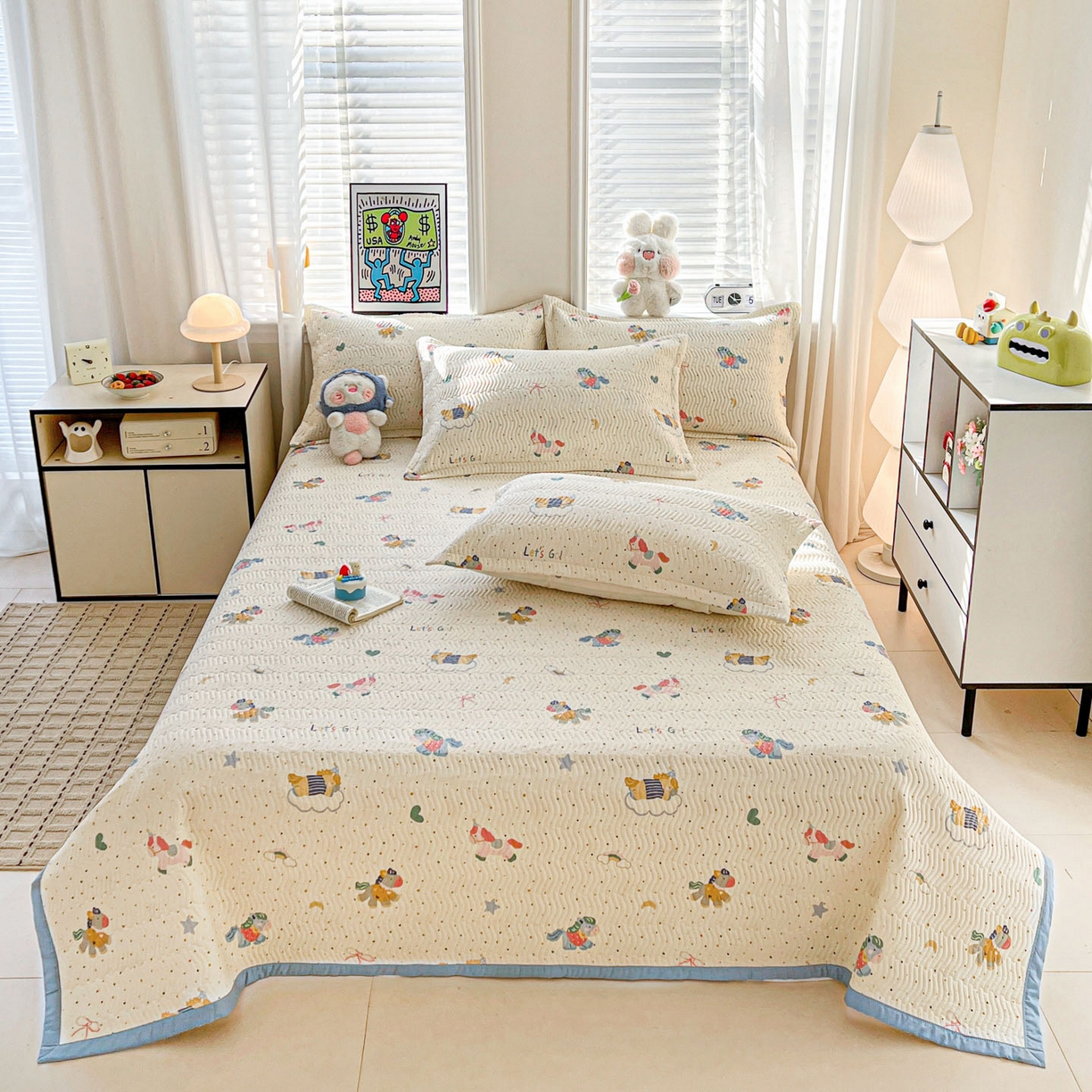 91家纺网 家纺一手货源 找家纺 梦精灵家纺 2026新款纯棉床盖单件全棉绗缝夹棉床单 四季通用榻榻米防滑学生宿舍单人被套枕套 彩虹木马