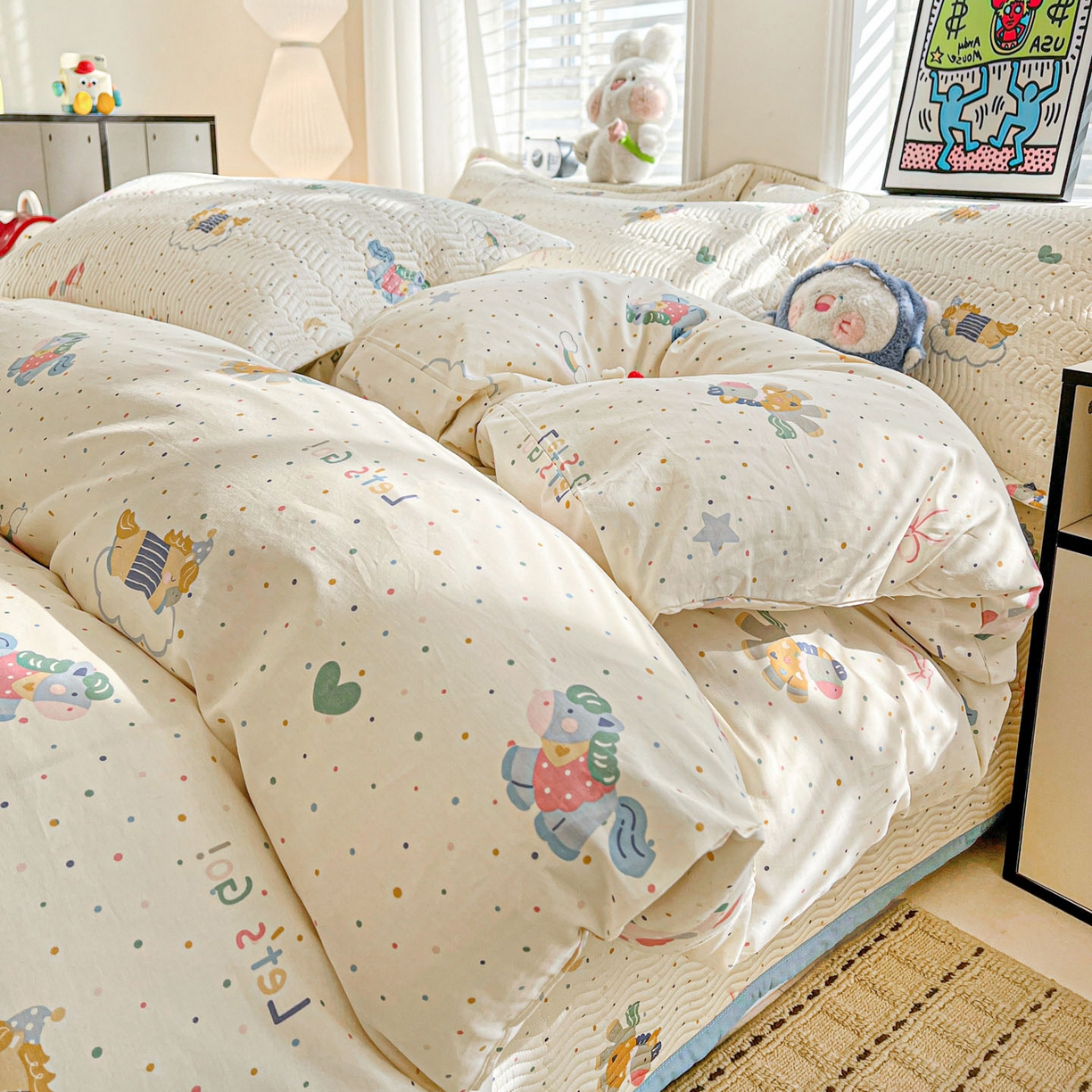 91家纺网 家纺一手货源 找家纺 梦精灵家纺 2026新款纯棉床盖单件全棉绗缝夹棉床单 四季通用榻榻米防滑学生宿舍单人被套枕套 彩虹木马