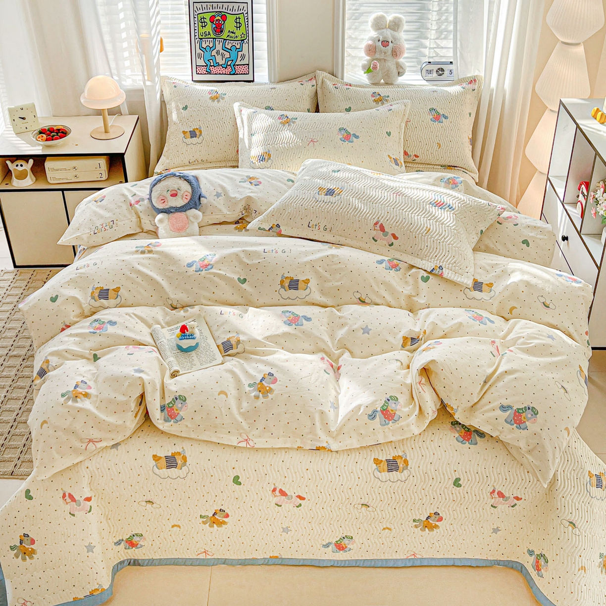 91家纺网 家纺一手货源 找家纺 梦精灵家纺 2026新款纯棉床盖单件全棉绗缝夹棉床单 四季通用榻榻米防滑学生宿舍单人被套枕套 彩虹木马