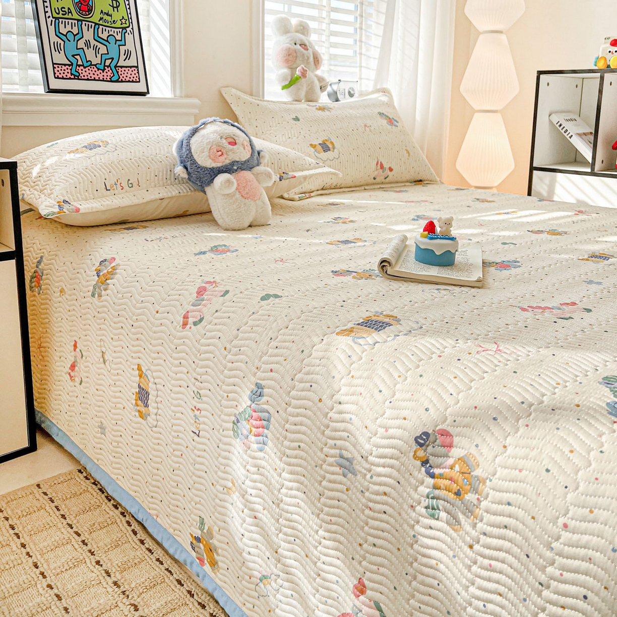 91家纺网 家纺一手货源 找家纺 梦精灵家纺 2026新款纯棉床盖单件全棉绗缝夹棉床单 四季通用榻榻米防滑学生宿舍单人被套枕套 彩虹木马