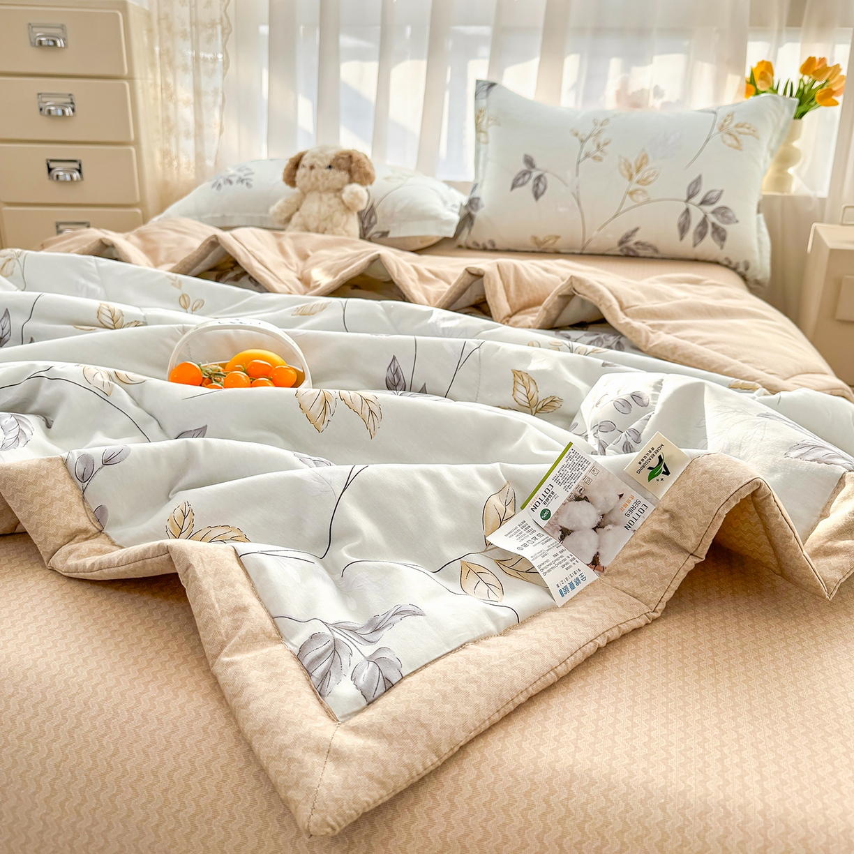 91家纺网 家纺一手货源 找家纺 瑶瑶家居 2026新款A类里外全棉夏凉被四件套-风格三 秋叶