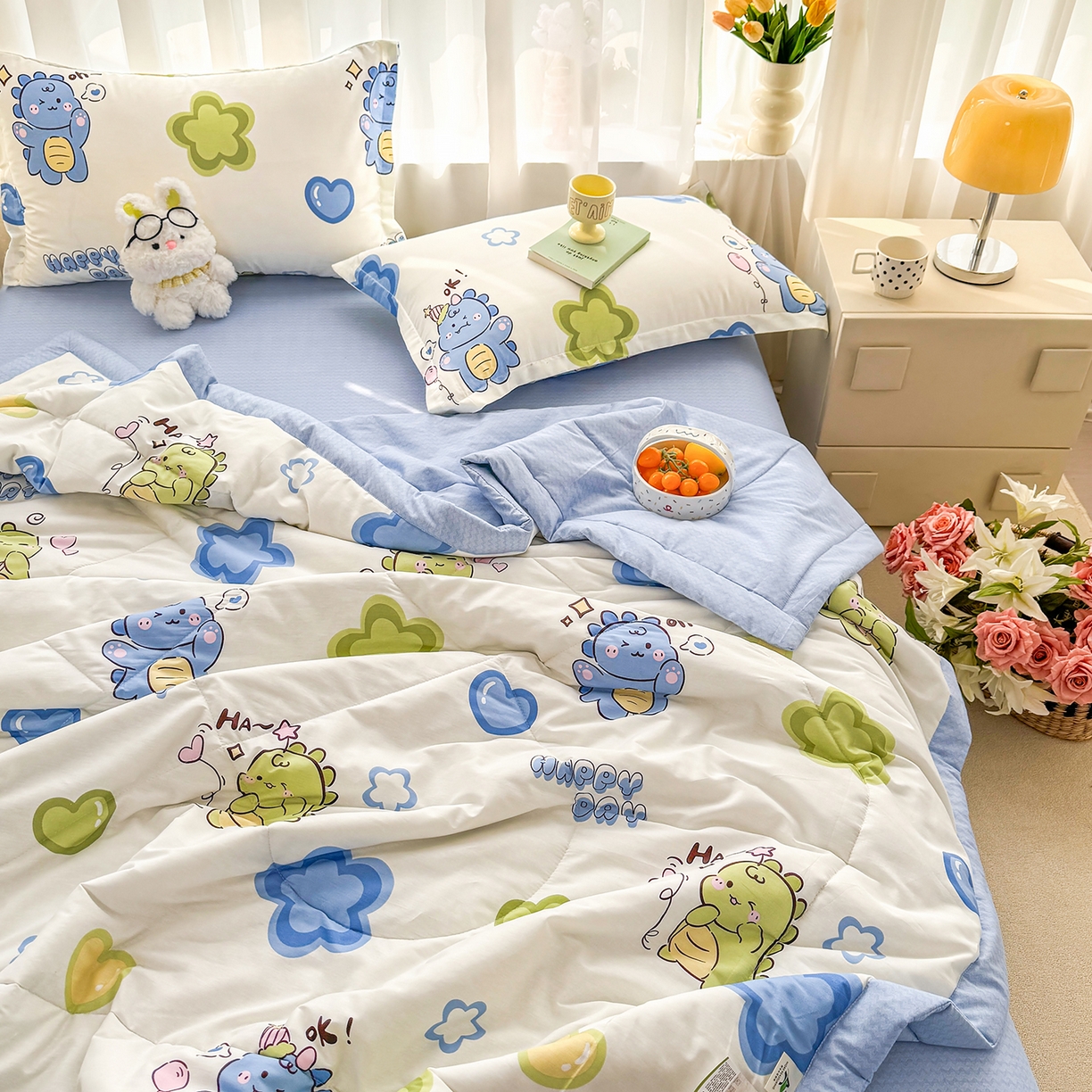 91家纺网 家纺一手货源 找家纺 瑶瑶家居 2026新款A类里外全棉夏凉被四件套-风格三 小恐龙