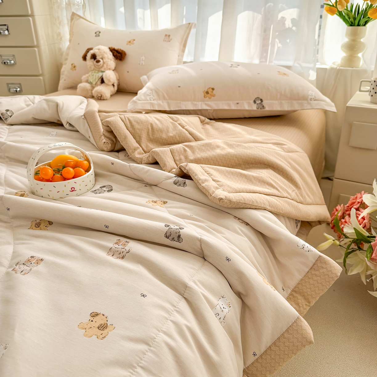 91家纺网 家纺一手货源 找家纺 瑶瑶家居 2026新款A类里外全棉夏凉被四件套-风格三 旺柴犬