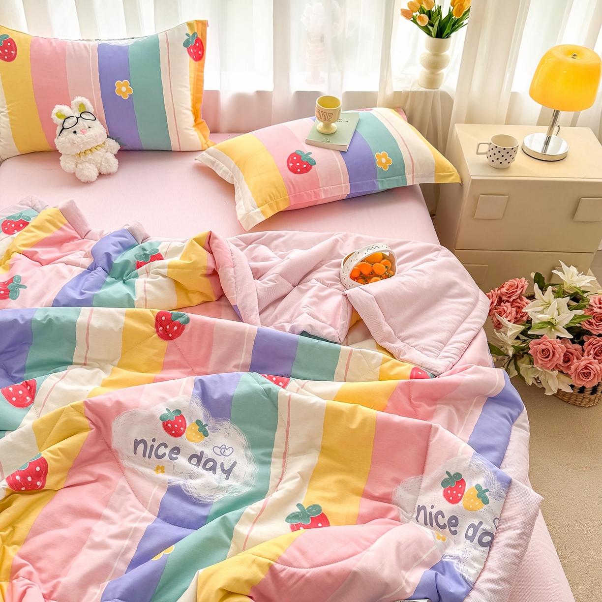 91家纺网 家纺一手货源 找家纺 瑶瑶家居 2026新款A类里外全棉夏凉被四件套-风格三 草莓甜心