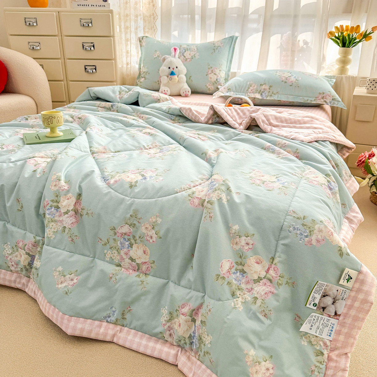 91家纺网 家纺一手货源 找家纺 瑶瑶家居 2026新款A类里外全棉夏凉被四件套-风格三 柔纱花影