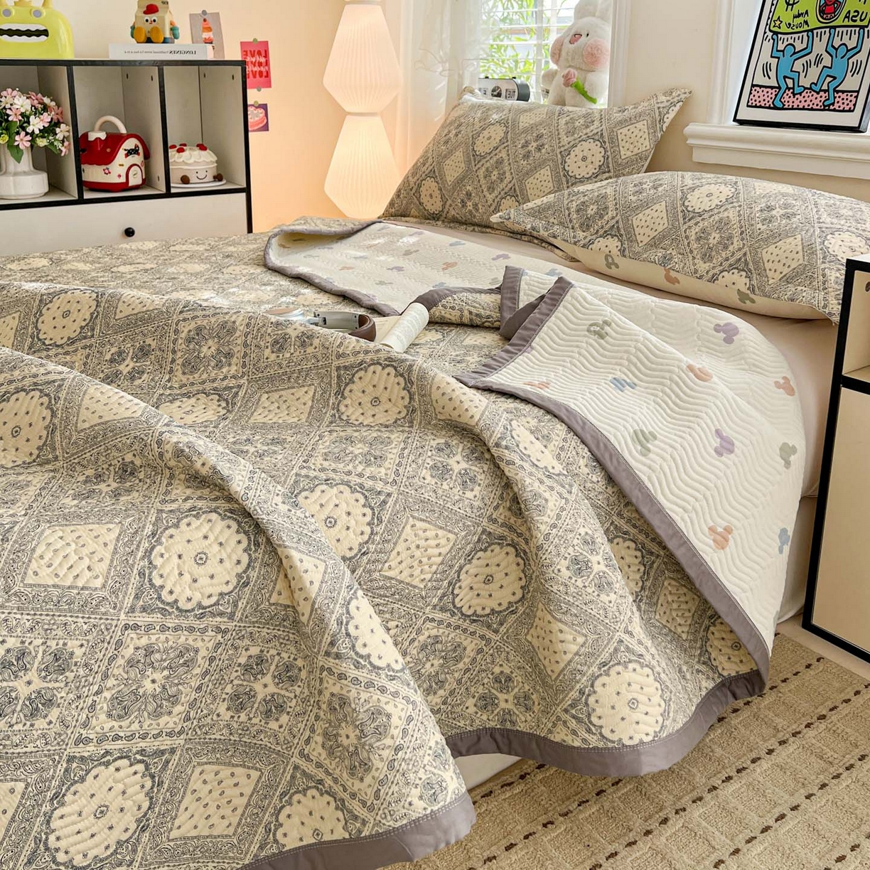 梦精灵家纺 2026新款纯棉床盖单件全棉绗缝夹棉床单 四季通用榻榻米防滑学生宿舍单人被套枕套 凡尔赛