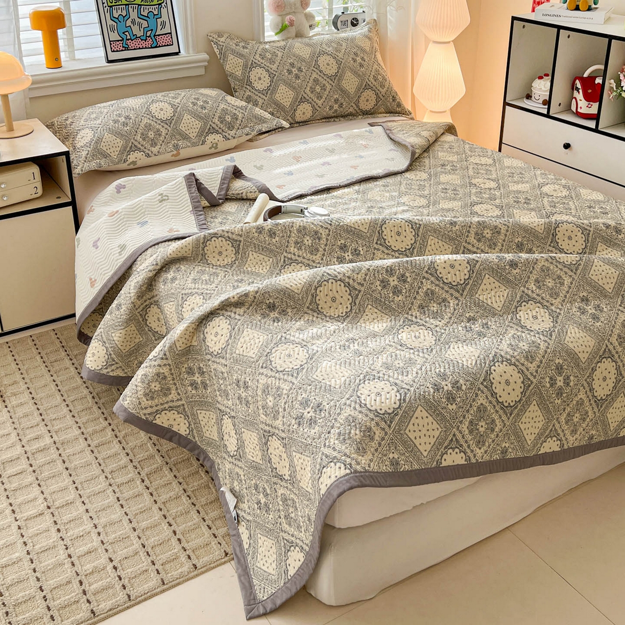 91家纺网 家纺一手货源 找家纺 梦精灵家纺 2026新款纯棉床盖单件全棉绗缝夹棉床单 四季通用榻榻米防滑学生宿舍单人被套枕套 凡尔赛