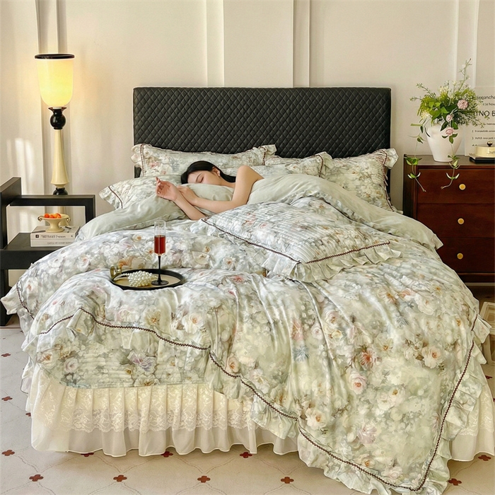 胜权家纺 2026新款A类全棉法式13372数码印花夹棉床盖四件套系列 花非花绿