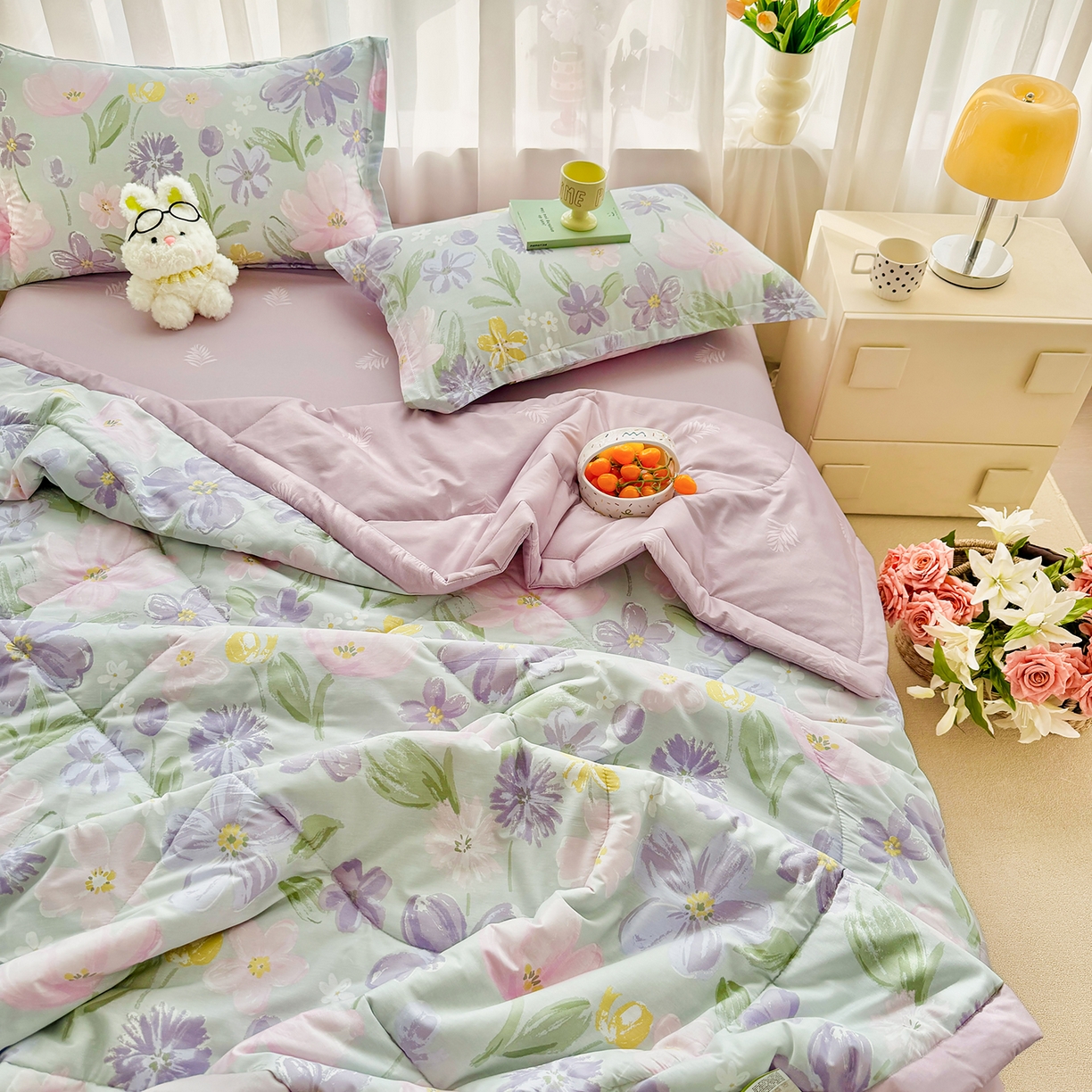 91家纺网 家纺一手货源 找家纺 瑶瑶家居 2026新款A类里外全棉夏凉被四件套-风格三 紫萝梦