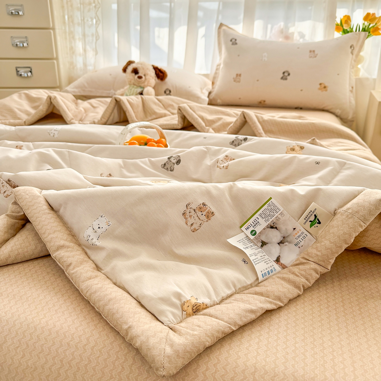 91家纺网 家纺一手货源 找家纺 瑶瑶家居 2026新款A类里外全棉夏凉被四件套-风格三 旺柴犬