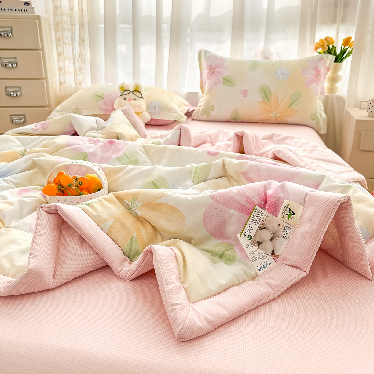 91家纺网 家纺一手货源 找家纺 瑶瑶家居 2026新款A类里外全棉夏凉被四件套-风格三 花开半夏