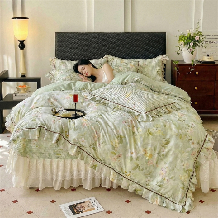 胜权家纺 2026新款A类全棉法式13372数码印花夹棉床盖四件套系列 花海绿