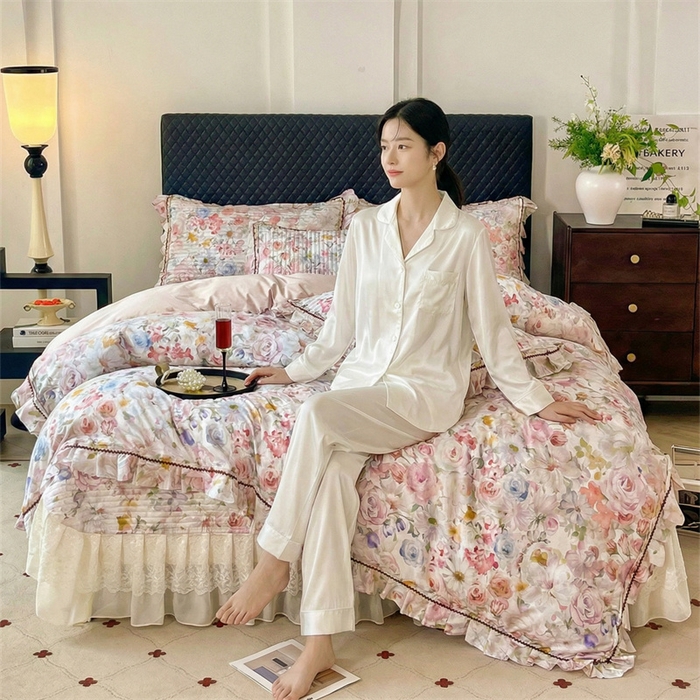 91家纺网 家纺一手货源 找家纺 胜权家纺 2026新款A类全棉法式13372数码印花夹棉床盖四件套系列 锦绣繁华粉