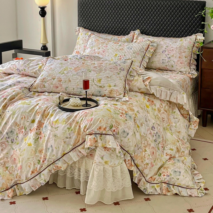 91家纺网 家纺一手货源 找家纺 胜权家纺 2026新款A类全棉法式13372数码印花夹棉床盖四件套系列 锦绣繁华绿