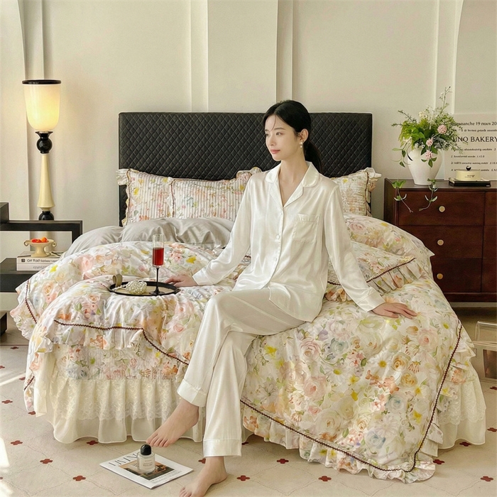 91家纺网 家纺一手货源 找家纺 胜权家纺 2026新款A类全棉法式13372数码印花夹棉床盖四件套系列 锦绣繁华绿