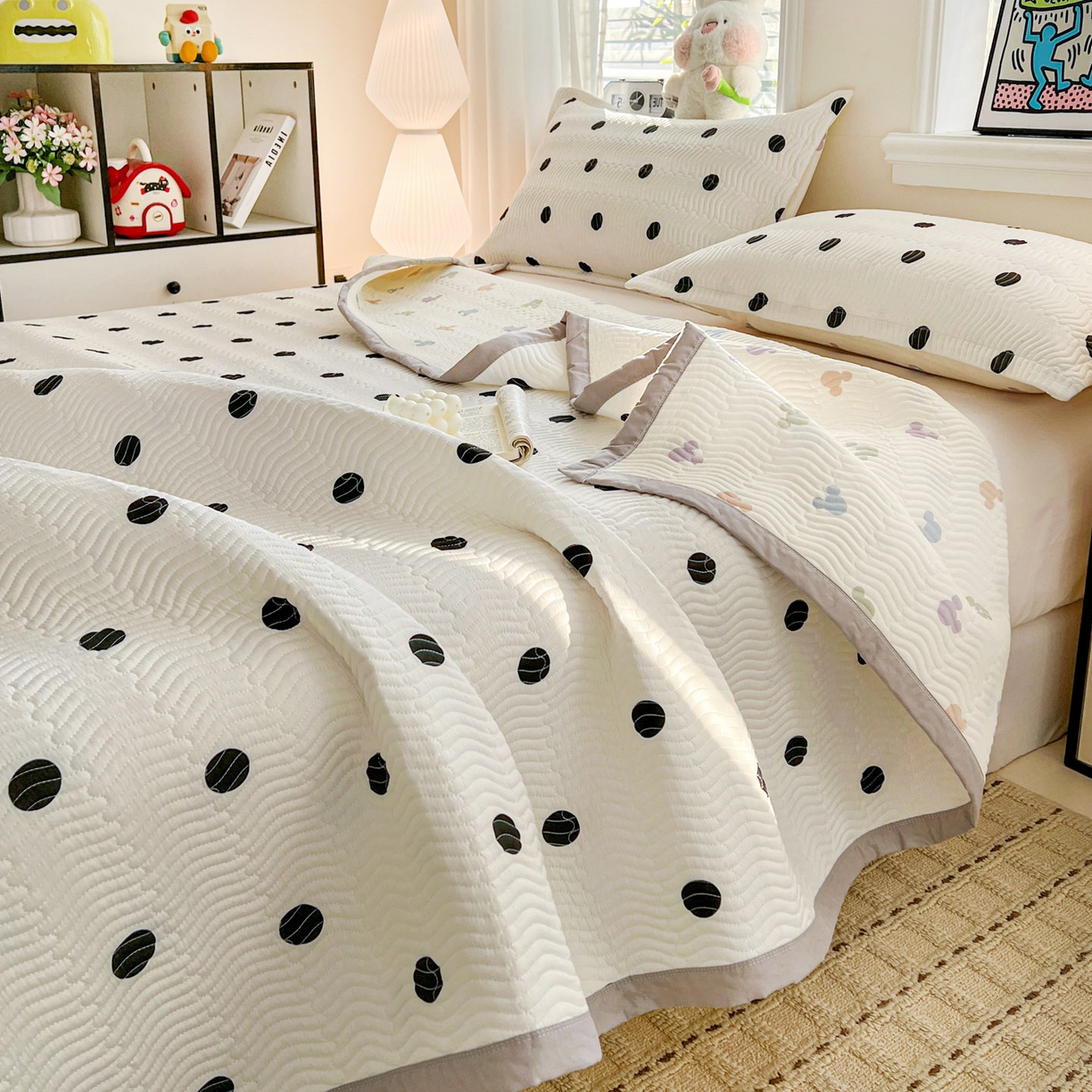 梦精灵家纺 2026新款纯棉床盖单件全棉绗缝夹棉床单 四季通用榻榻米防滑学生宿舍单人被套枕套 浪漫波点