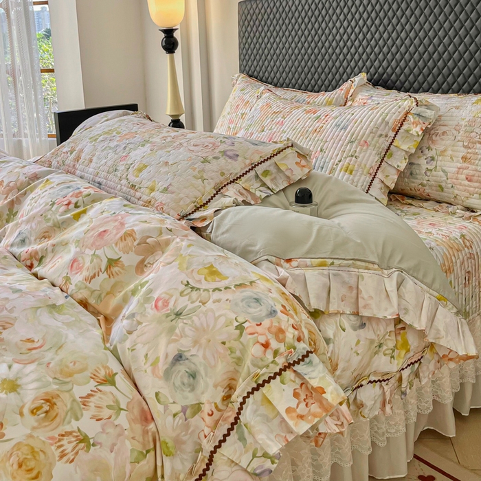 91家纺网 家纺一手货源 找家纺 胜权家纺 2026新款A类全棉法式13372数码印花夹棉床盖四件套系列 锦绣繁华绿