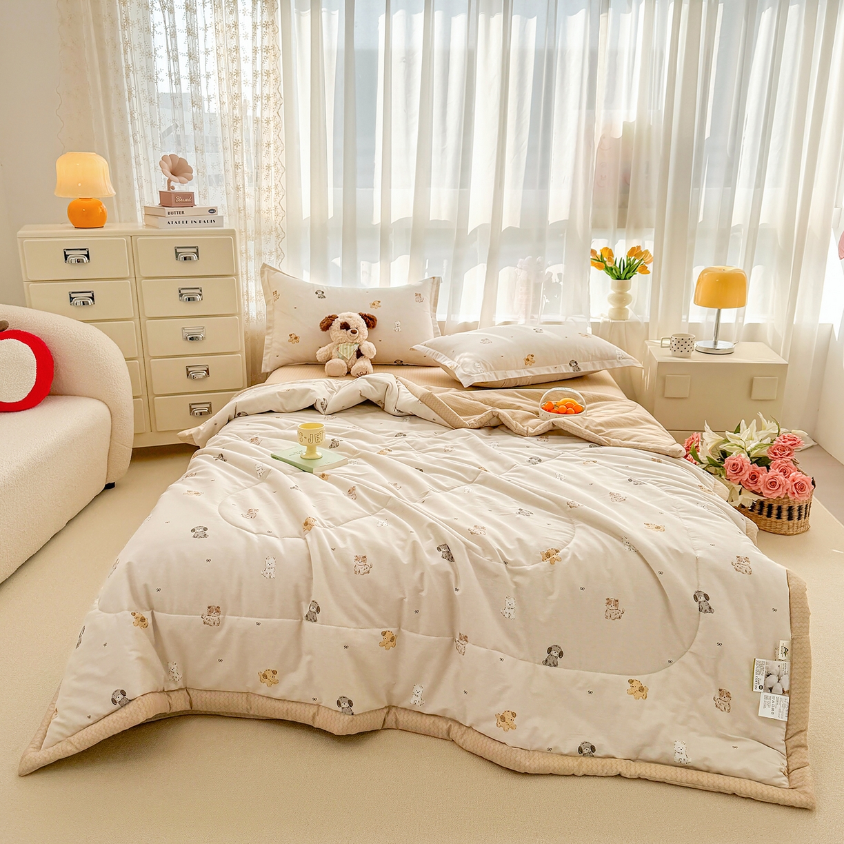 91家纺网 家纺一手货源 找家纺 瑶瑶家居 2026新款A类里外全棉夏凉被四件套-风格三 旺柴犬