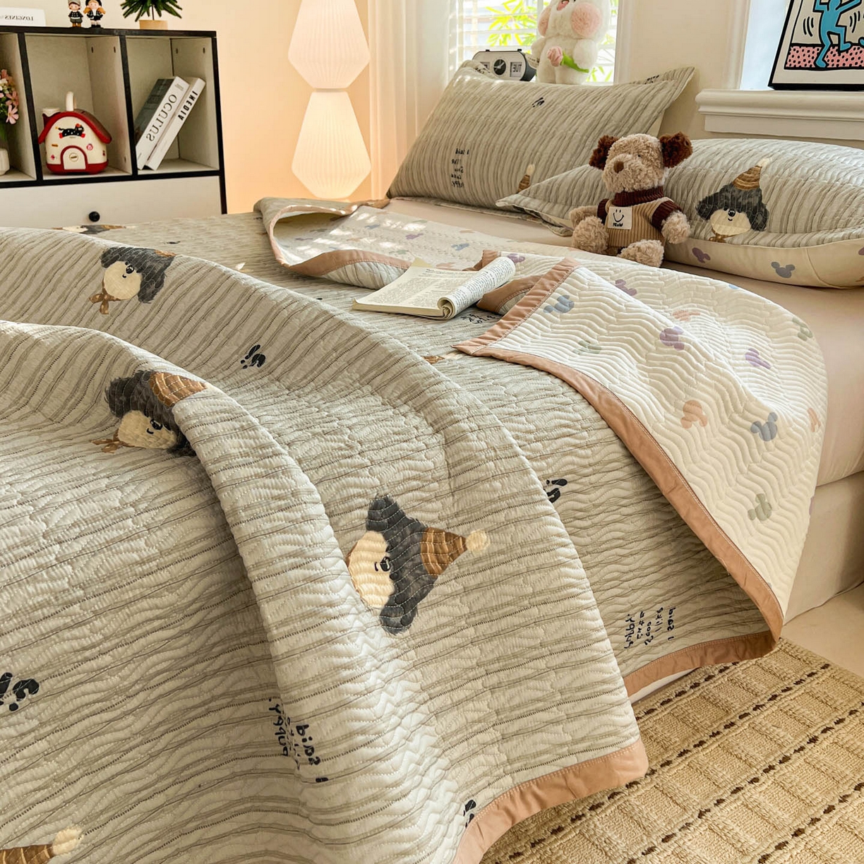 梦精灵家纺 2026新款纯棉床盖单件全棉绗缝夹棉床单 四季通用榻榻米防滑学生宿舍单人被套枕套 帽子柯基