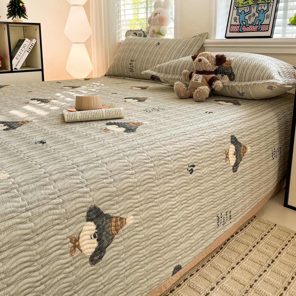 91家纺网 家纺一手货源 找家纺 梦精灵家纺 2026新款纯棉床盖单件全棉绗缝夹棉床单 四季通用榻榻米防滑学生宿舍单人被套枕套 帽子柯基