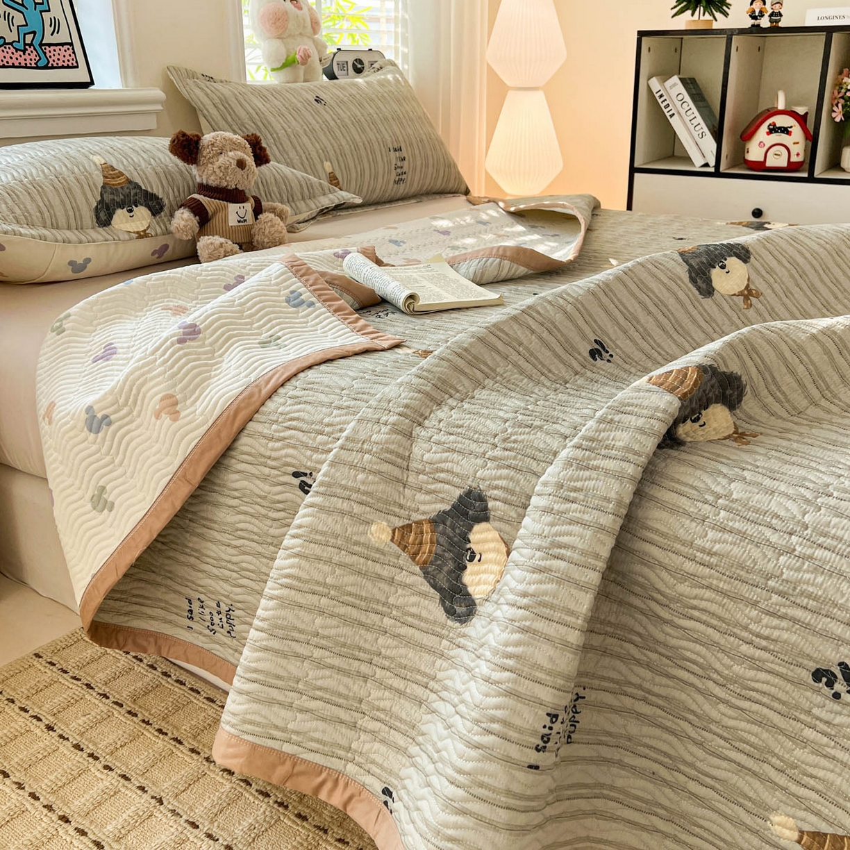 91家纺网 家纺一手货源 找家纺 梦精灵家纺 2026新款纯棉床盖单件全棉绗缝夹棉床单 四季通用榻榻米防滑学生宿舍单人被套枕套 帽子柯基