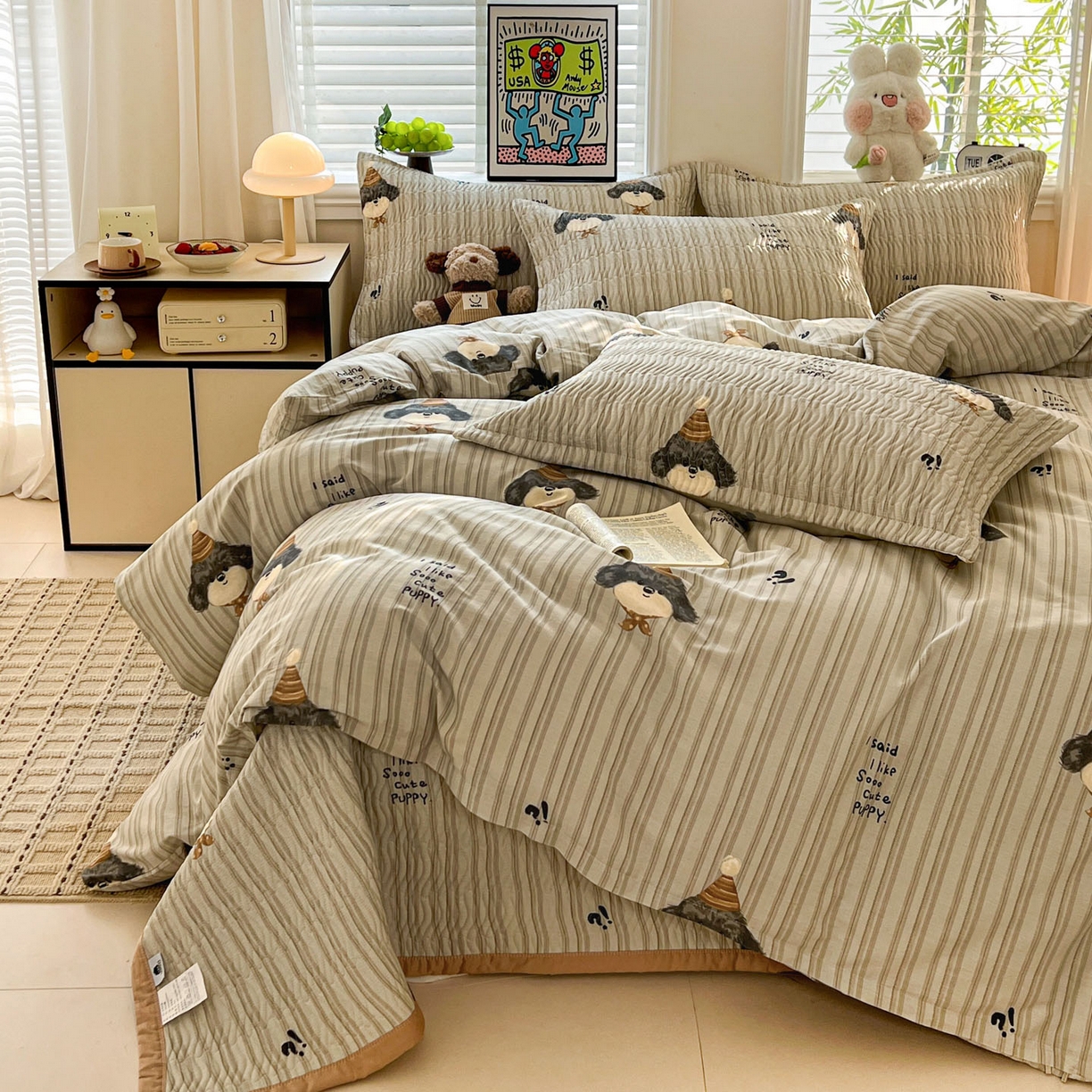 91家纺网 家纺一手货源 找家纺 梦精灵家纺 2026新款纯棉床盖单件全棉绗缝夹棉床单 四季通用榻榻米防滑学生宿舍单人被套枕套 帽子柯基