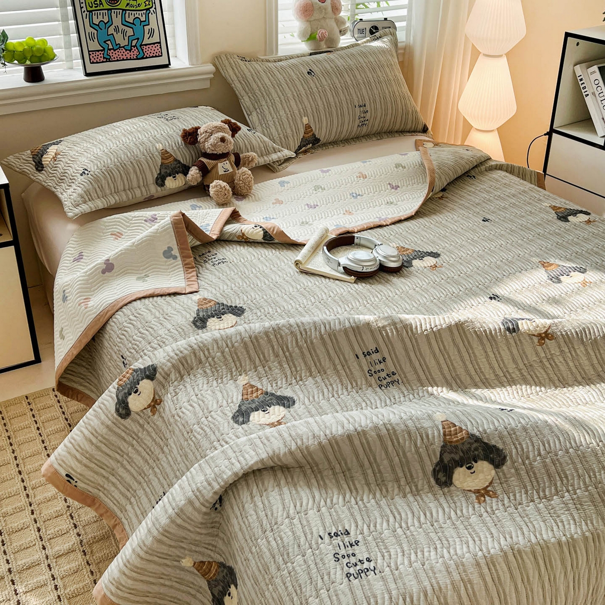 91家纺网 家纺一手货源 找家纺 梦精灵家纺 2026新款纯棉床盖单件全棉绗缝夹棉床单 四季通用榻榻米防滑学生宿舍单人被套枕套 帽子柯基