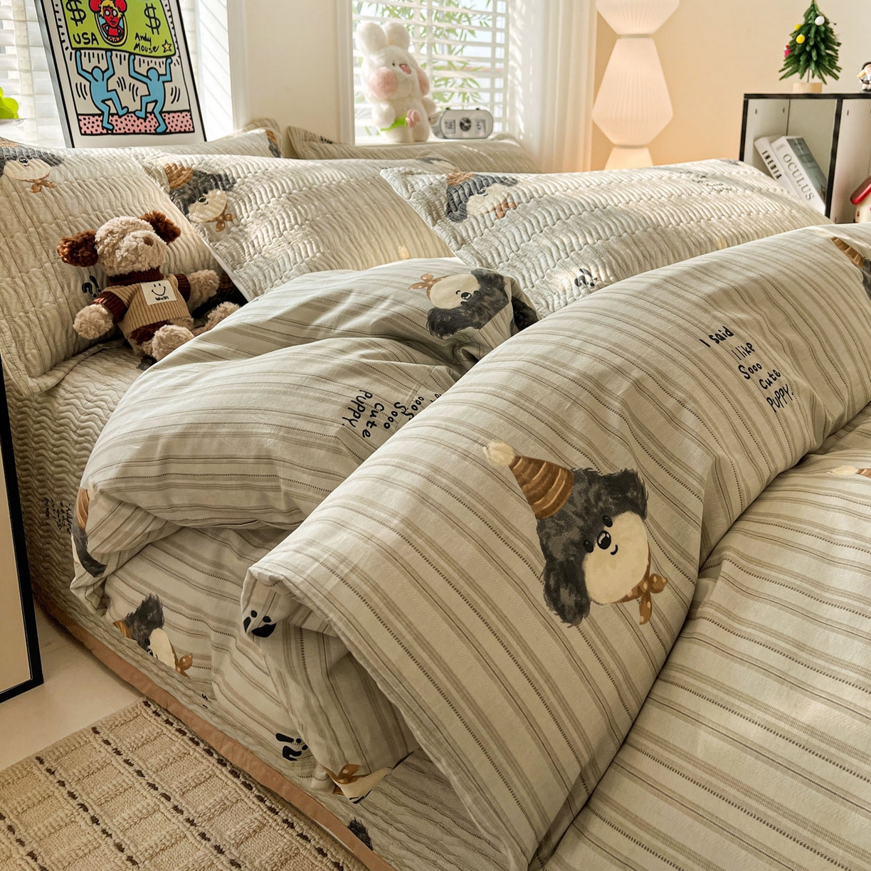 91家纺网 家纺一手货源 找家纺 梦精灵家纺 2026新款纯棉床盖单件全棉绗缝夹棉床单 四季通用榻榻米防滑学生宿舍单人被套枕套 帽子柯基