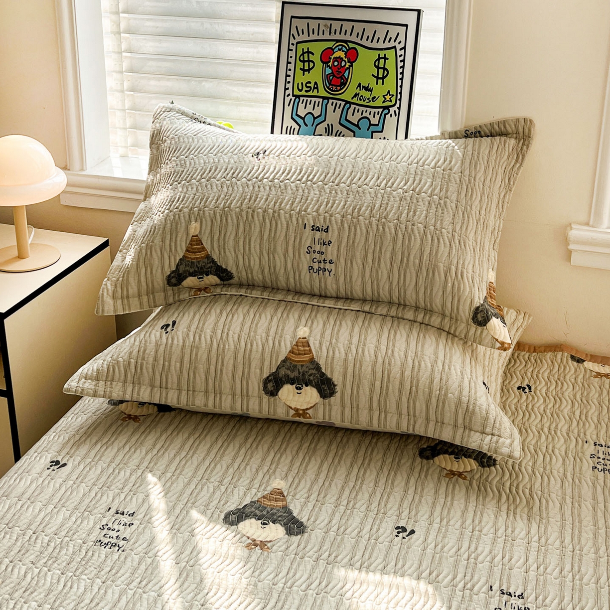 91家纺网 家纺一手货源 找家纺 梦精灵家纺 2026新款纯棉床盖单件全棉绗缝夹棉床单 四季通用榻榻米防滑学生宿舍单人被套枕套 帽子柯基