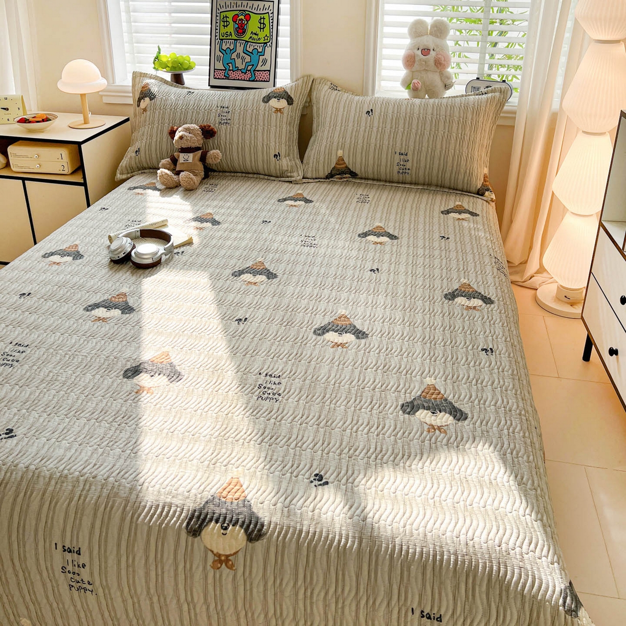 91家纺网 家纺一手货源 找家纺 梦精灵家纺 2026新款纯棉床盖单件全棉绗缝夹棉床单 四季通用榻榻米防滑学生宿舍单人被套枕套 帽子柯基