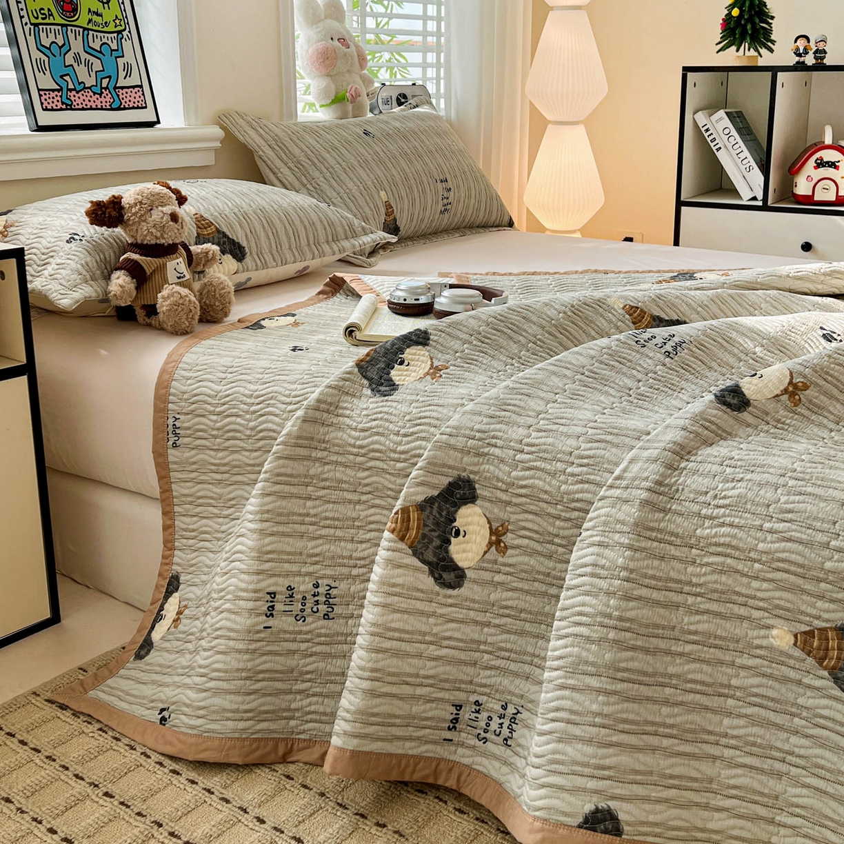 91家纺网 家纺一手货源 找家纺 梦精灵家纺 2026新款纯棉床盖单件全棉绗缝夹棉床单 四季通用榻榻米防滑学生宿舍单人被套枕套 帽子柯基