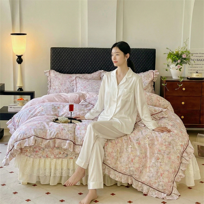 91家纺网 家纺一手货源 找家纺 胜权家纺 2026新款A类全棉法式13372数码印花夹棉床盖四件套系列 妙颜粉