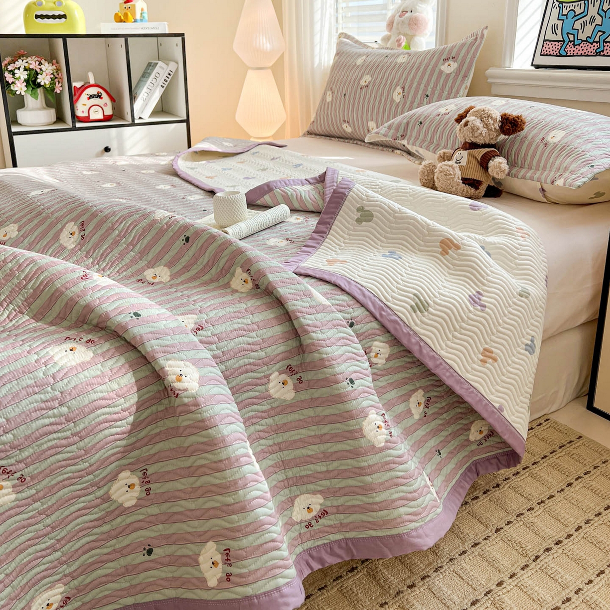 梦精灵家纺 2026新款纯棉床盖单件全棉绗缝夹棉床单 四季通用榻榻米防滑学生宿舍单人被套枕套 努力小狗