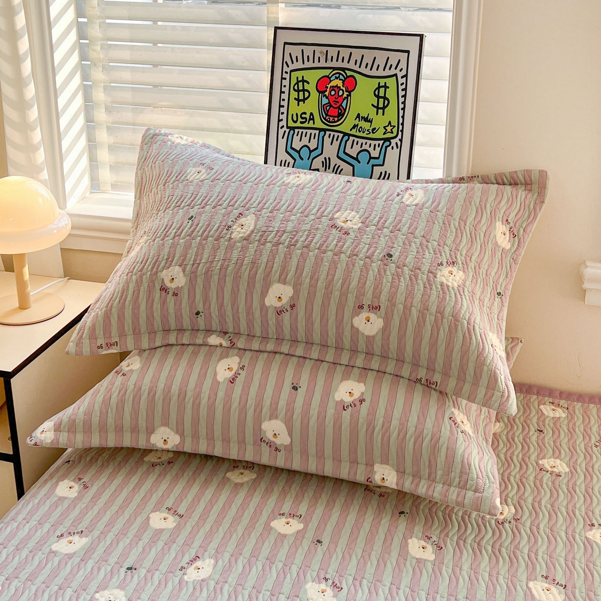 91家纺网 家纺一手货源 找家纺 梦精灵家纺 2026新款纯棉床盖单件全棉绗缝夹棉床单 四季通用榻榻米防滑学生宿舍单人被套枕套 努力小狗