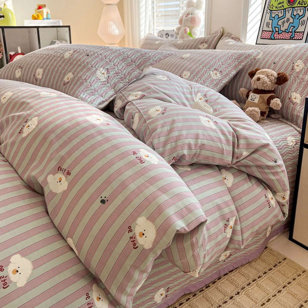 91家纺网 家纺一手货源 找家纺 梦精灵家纺 2026新款纯棉床盖单件全棉绗缝夹棉床单 四季通用榻榻米防滑学生宿舍单人被套枕套 努力小狗