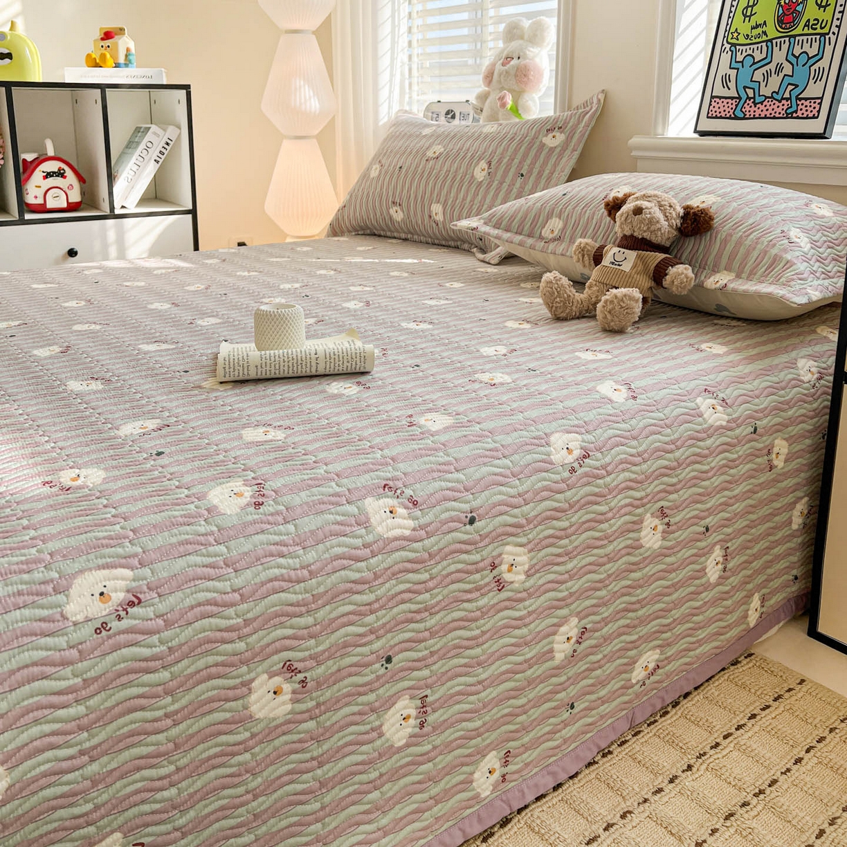 91家纺网 家纺一手货源 找家纺 梦精灵家纺 2026新款纯棉床盖单件全棉绗缝夹棉床单 四季通用榻榻米防滑学生宿舍单人被套枕套 努力小狗