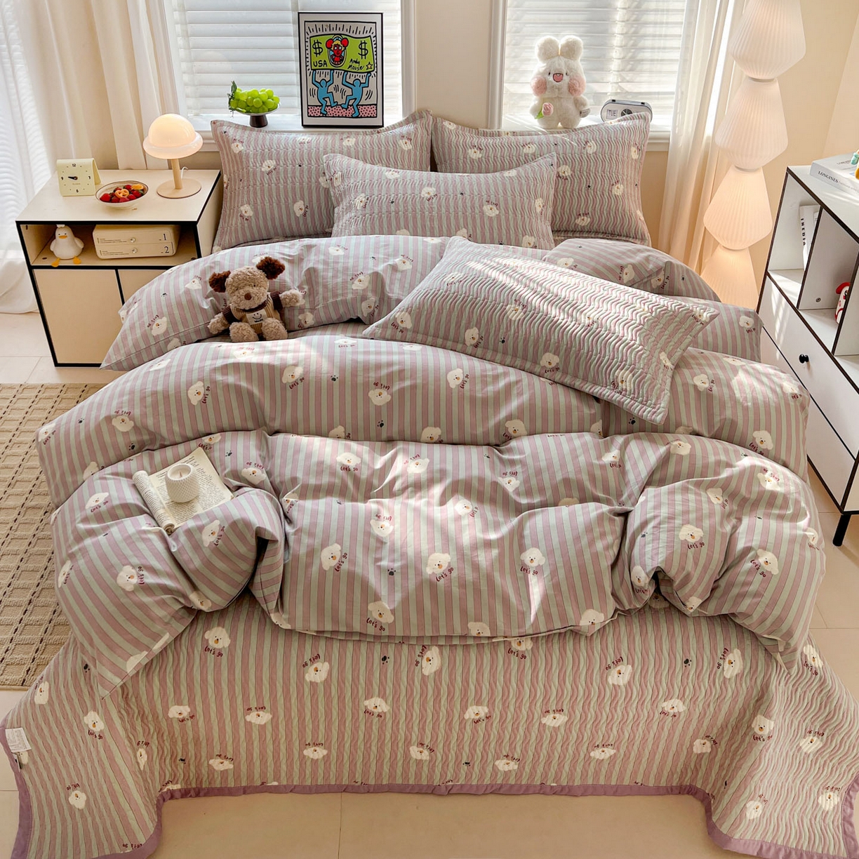 91家纺网 家纺一手货源 找家纺 梦精灵家纺 2026新款纯棉床盖单件全棉绗缝夹棉床单 四季通用榻榻米防滑学生宿舍单人被套枕套 努力小狗