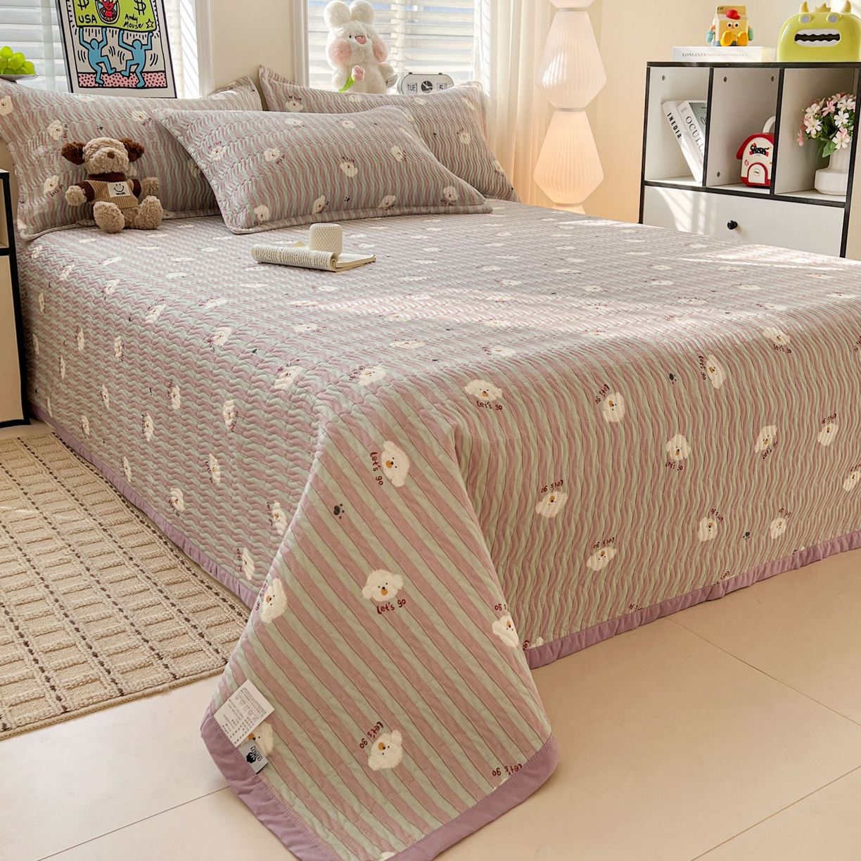 91家纺网 家纺一手货源 找家纺 梦精灵家纺 2026新款纯棉床盖单件全棉绗缝夹棉床单 四季通用榻榻米防滑学生宿舍单人被套枕套 努力小狗