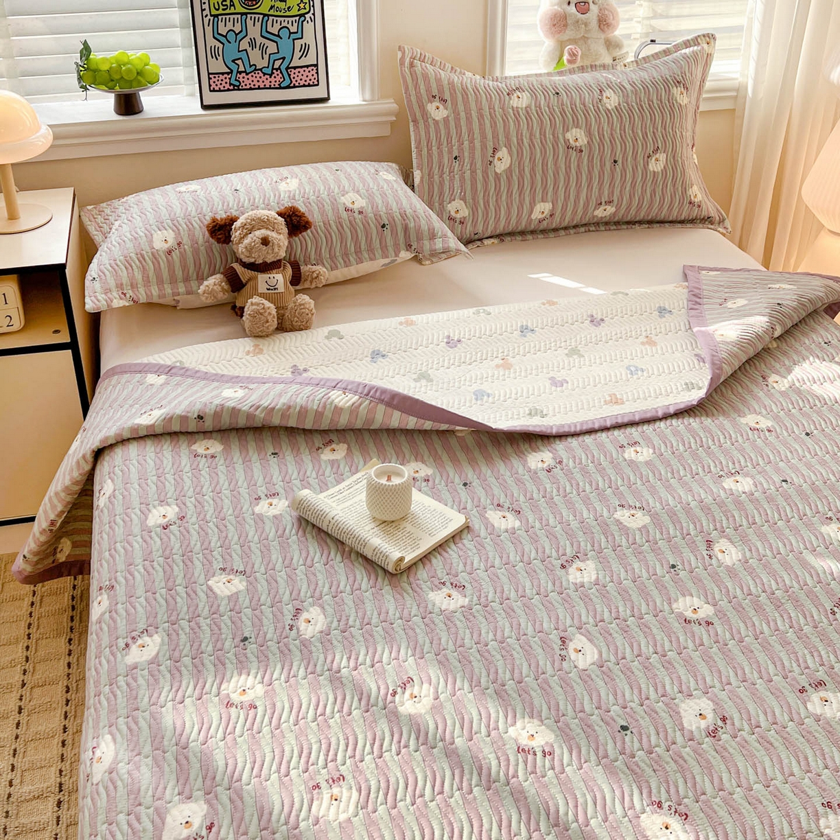 91家纺网 家纺一手货源 找家纺 梦精灵家纺 2026新款纯棉床盖单件全棉绗缝夹棉床单 四季通用榻榻米防滑学生宿舍单人被套枕套 努力小狗