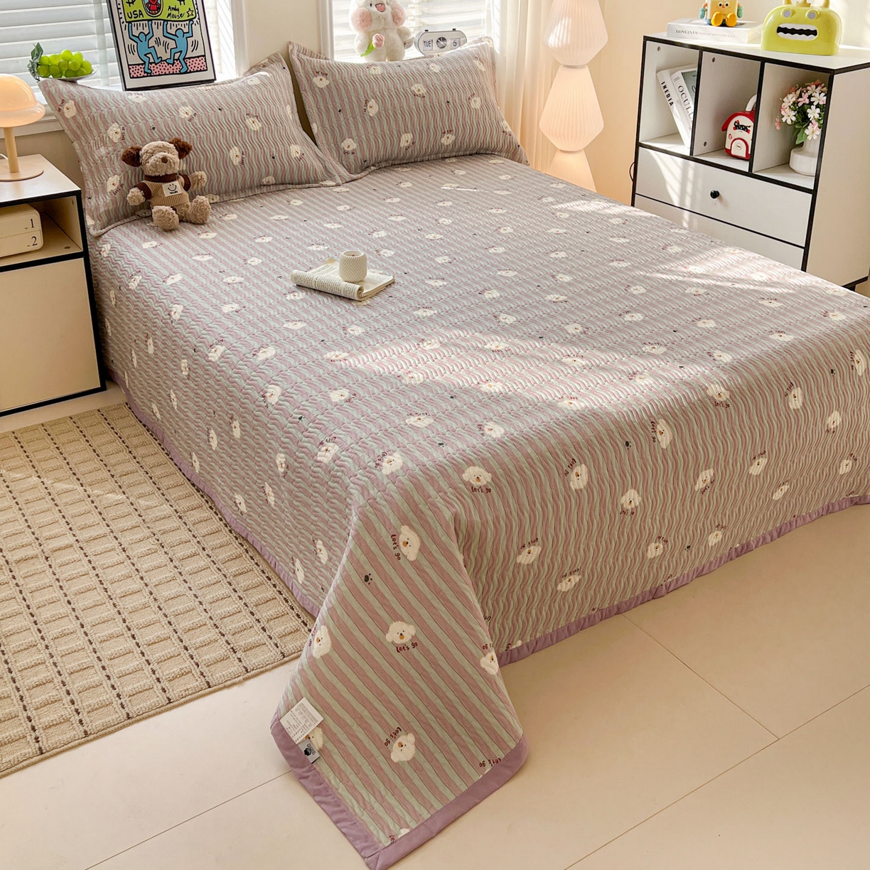 91家纺网 家纺一手货源 找家纺 梦精灵家纺 2026新款纯棉床盖单件全棉绗缝夹棉床单 四季通用榻榻米防滑学生宿舍单人被套枕套 努力小狗