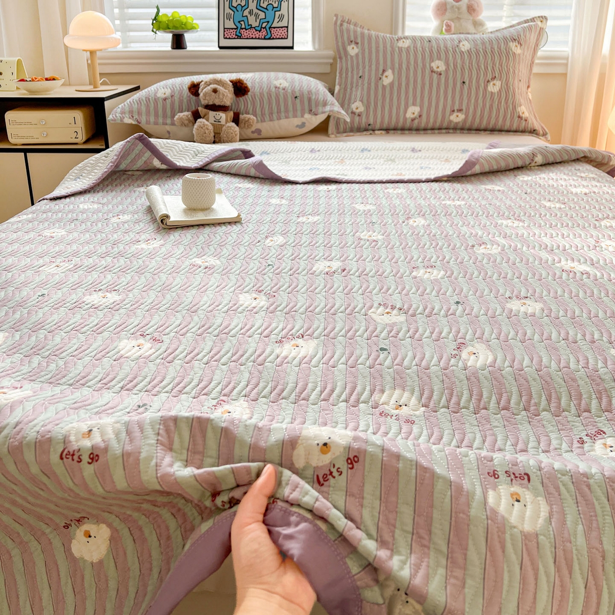 91家纺网 家纺一手货源 找家纺 梦精灵家纺 2026新款纯棉床盖单件全棉绗缝夹棉床单 四季通用榻榻米防滑学生宿舍单人被套枕套 努力小狗