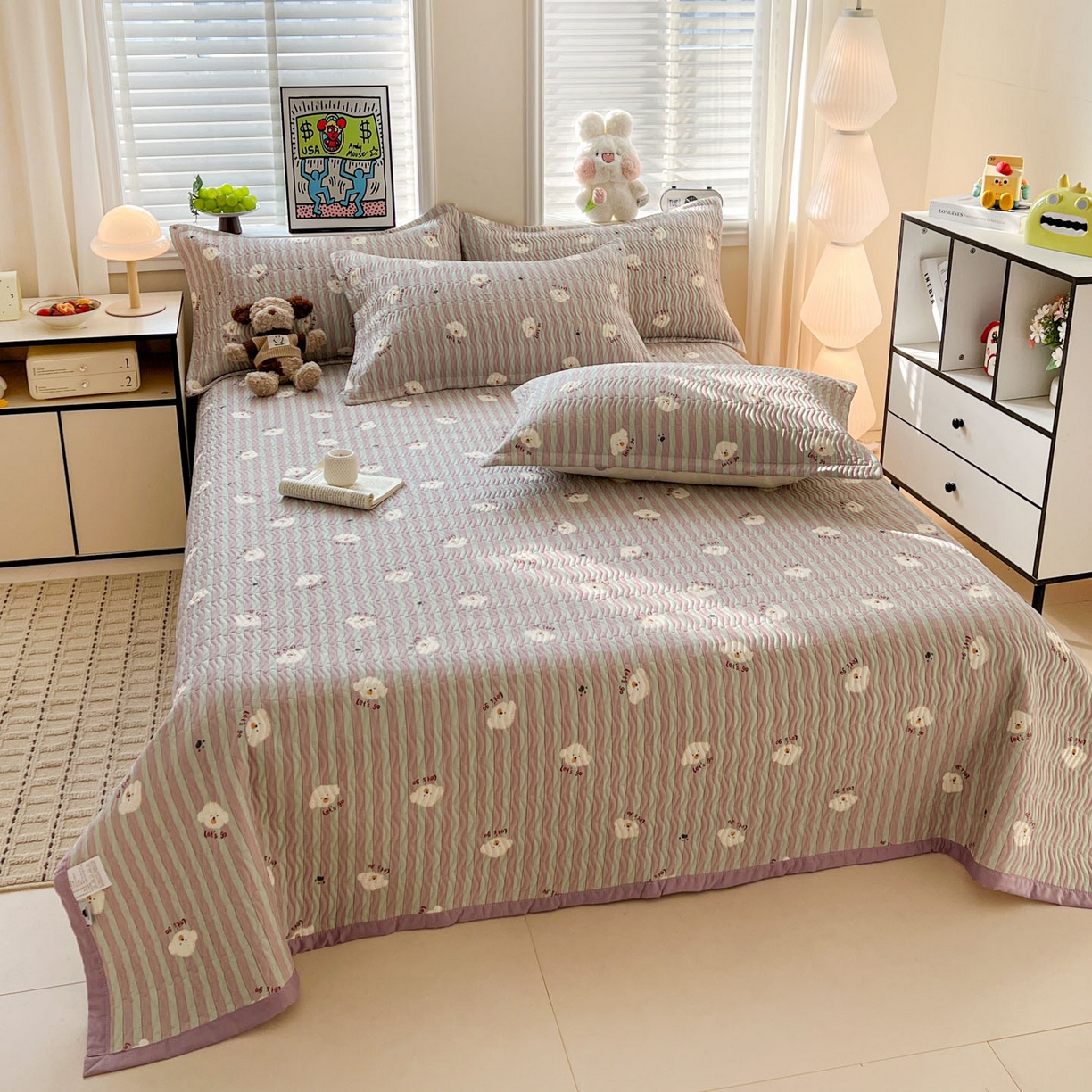 91家纺网 家纺一手货源 找家纺 梦精灵家纺 2026新款纯棉床盖单件全棉绗缝夹棉床单 四季通用榻榻米防滑学生宿舍单人被套枕套 努力小狗