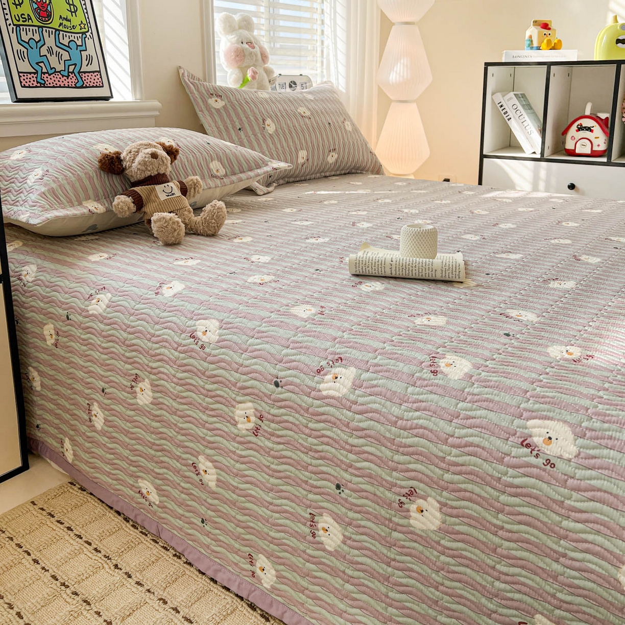 91家纺网 家纺一手货源 找家纺 梦精灵家纺 2026新款纯棉床盖单件全棉绗缝夹棉床单 四季通用榻榻米防滑学生宿舍单人被套枕套 努力小狗