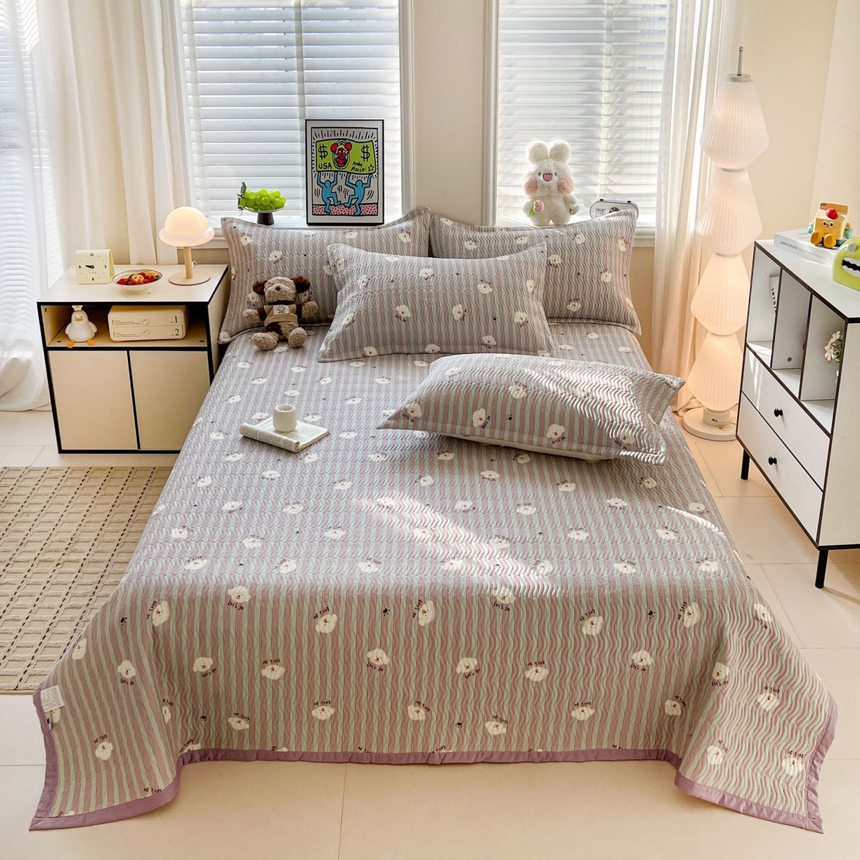 91家纺网 家纺一手货源 找家纺 梦精灵家纺 2026新款纯棉床盖单件全棉绗缝夹棉床单 四季通用榻榻米防滑学生宿舍单人被套枕套 努力小狗