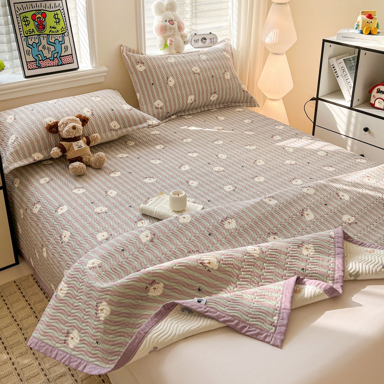 91家纺网 家纺一手货源 找家纺 梦精灵家纺 2026新款纯棉床盖单件全棉绗缝夹棉床单 四季通用榻榻米防滑学生宿舍单人被套枕套 努力小狗