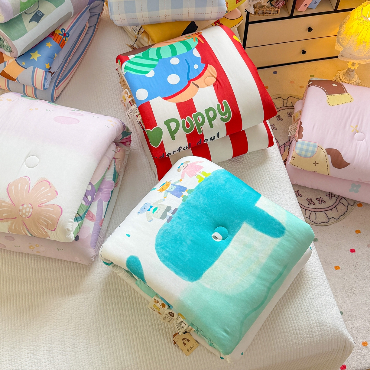 91家纺网 家纺一手货源 找家纺 丫丫家纺 2026直播热款A类针织棉豆豆被夏被春秋被空调被儿童学生大版卡通被子被芯 鸿运当头