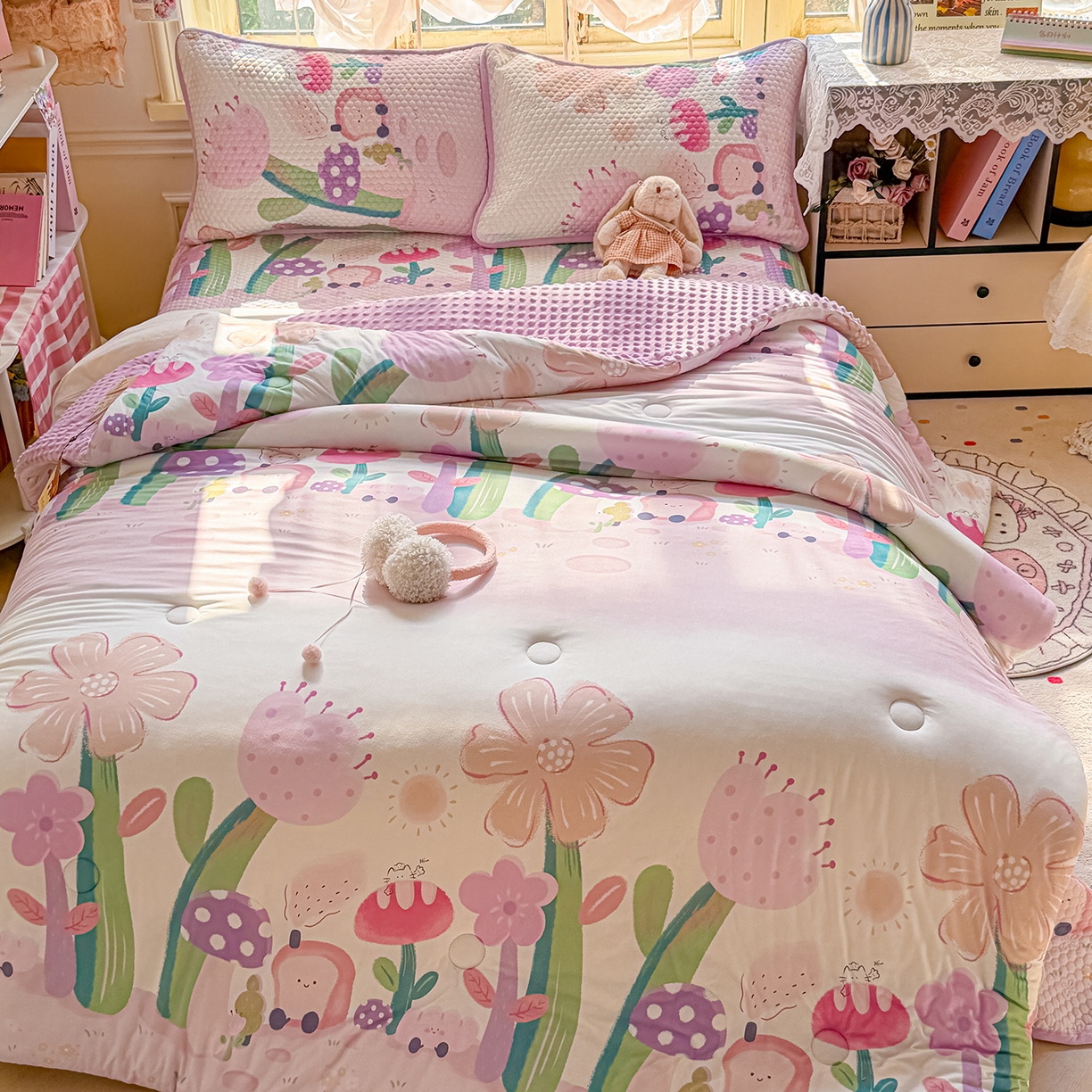 91家纺网 家纺一手货源 找家纺 丫丫家纺 2026直播热款A类针织棉豆豆被夏被春秋被空调被儿童学生大版卡通被子被芯 花仙子