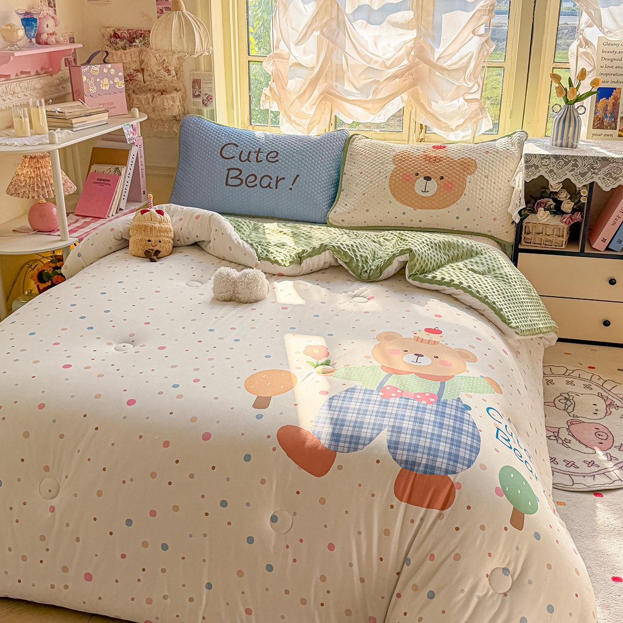 91家纺网 家纺一手货源 找家纺 丫丫家纺 2026直播热款A类针织棉豆豆被夏被春秋被空调被儿童学生大版卡通被子被芯 可爱小熊