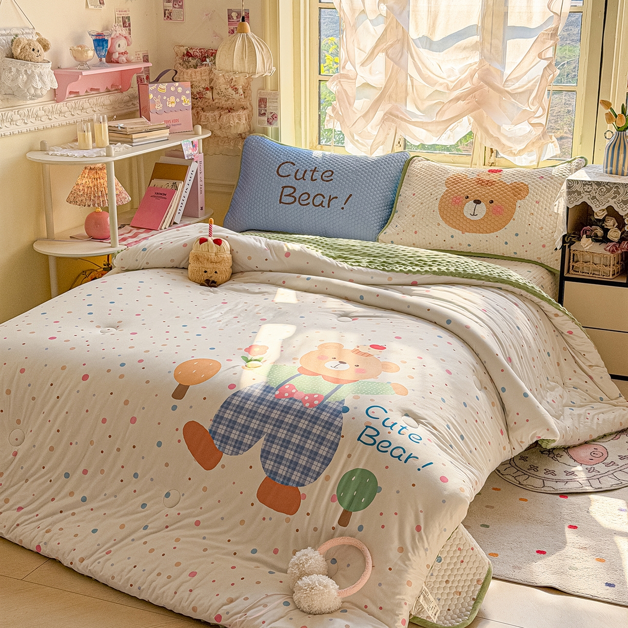 91家纺网 家纺一手货源 找家纺 丫丫家纺 2026直播热款A类针织棉豆豆被夏被春秋被空调被儿童学生大版卡通被子被芯 可爱小熊