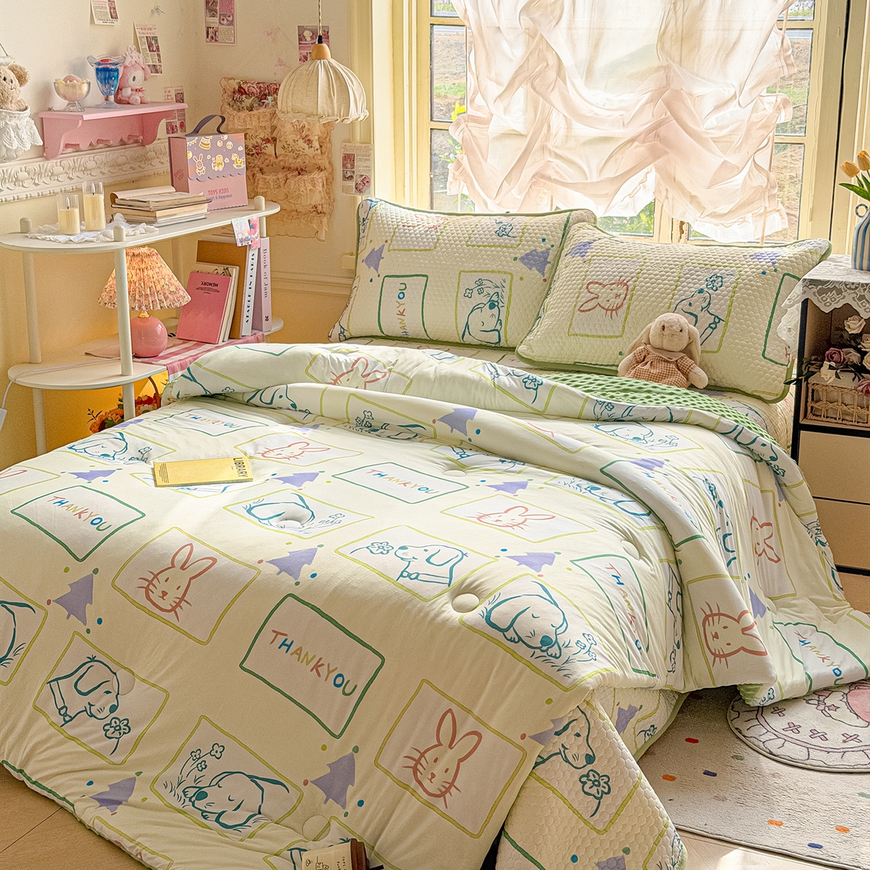 91家纺网 家纺一手货源 找家纺 丫丫家纺 2026直播热款A类针织棉豆豆被夏被春秋被空调被儿童学生大版卡通被子被芯 兔兔与狗